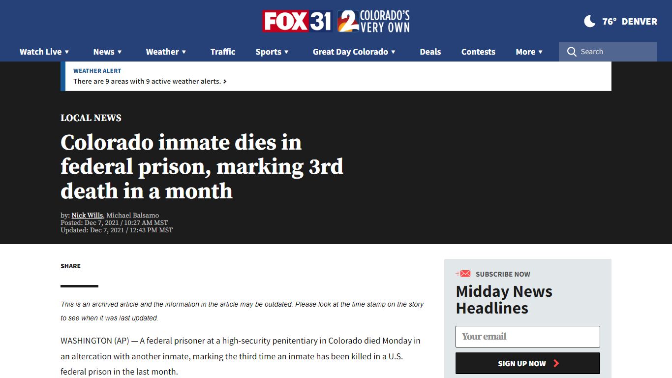 Colorado inmate dies in federal prison, marking third ...